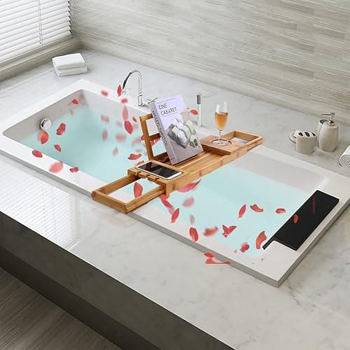 Utoplike Bathtub Caddy Tray, Bamboo Bath tub Tray with Adjustable Arms, Bath Table Holds Books/Tablets/Cell Phone/Towels/Foods (Natural Bamboo) thumbnail 5