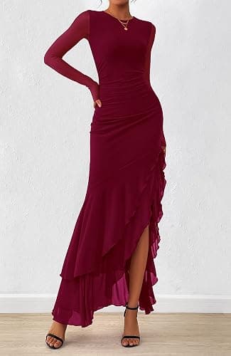 BTFBM Women's Maxi Dresses Spring 2026 Long Sleeve Ruched Bodycon Solid Ruffle Mermaid Cocktail Wedding Guest Dress thumbnail 4