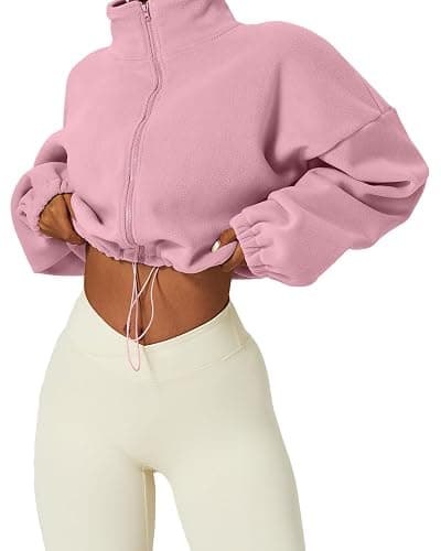 QINSEN Women's Full Zip Fleece Short Jacket Warm Winter Long Sleeve Stand Collar Sherpa Crop Coat thumbnail 4