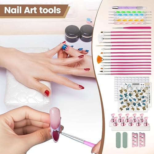 Nail Art Tools Set, 15 Nail Art Brushes 6 Nail Dotting Tool 3 Nail Stickers 2nail buffer 2 toe separator with Nail Stand Holder for Nail Tech & Beginners Nail Art Supplies Kit (Pink) thumbnail 6