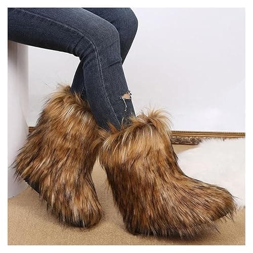 IXU Women's Faux Fur Boot Furry Fluffy Round Toe Suede Snow Winter Women Boots Comfy Plush Warm Short Outdoor Indoor Flat Shoes Mid-Calf Boots thumbnail 2