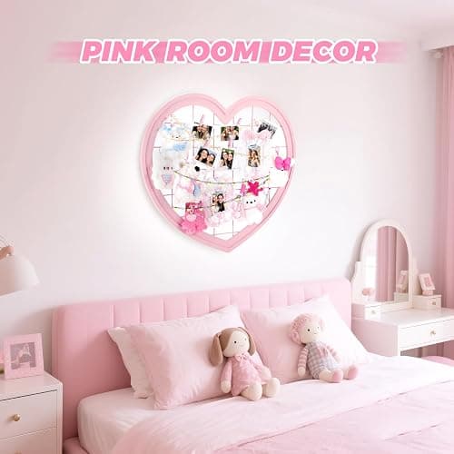 Jazcimdo Pink Preppy Coquette Room Decor, Heart Shape Wire Wall Grid Panel for Photo Display Board and Wall Storage Organizer, Wall Decor for Teen Girls and Women Home Bedroom Living Room and Dorm thumbnail 3