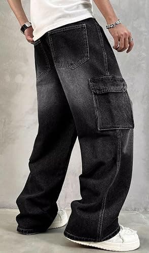 HUNGSON Mens Baggy Cargo Jeans for Men Women Y2k Skater Vintage Plain Pants Casual Wide Leg Jeans Loose Fit Denim Jeans thumbnail 4