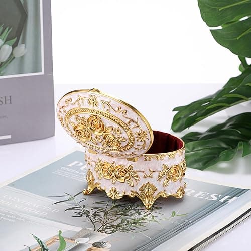 Hipiwe Vintage Metal Jewelry Box - Oval Trinket Organizer Ring Box Case with Rose Pattern Jewelry Storage Box for Ring Earrings Necklace, Gift for Women thumbnail 7