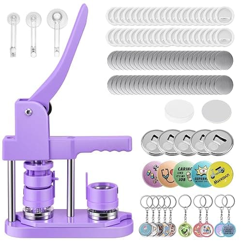 Badge Maker Button Machine Multiple Sizes DIY Pin Maker Badge Press Machine with 10 Bottle Opener, 10 Key Chain Suits, Molds & Round Paper Cutter DOYFAY (Violet, DC109P320) - Image 1