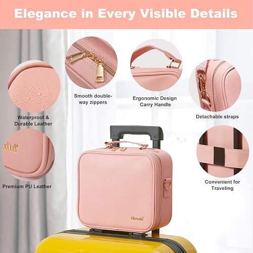 Mocado Travel Makeup Bag with LED Lighted Mirror,Travel Makeup Organizer,Makeup Case with 8 Makeup Brushes and 10x Magnifying Mirror,3 Colors Lighting, Adjustable Dividers Makeup Box(Pink) thumbnail 7