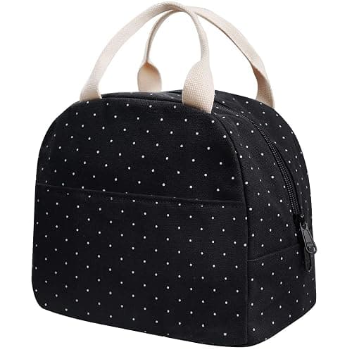 EurCross Upgraded Compact Black Lunch Bag for Girls Women,Canvas Reusable Insulated Polka Dot Lunch Tote Box Bag for Work School - Image 1