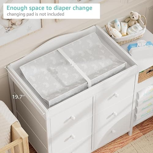 BOLUO Baby Dresser with Changing Table Top, White Changing Table Dresser with 6 Fabric Drawers Diaper Changing Station with Storage Shelf for Nursery Modern thumbnail 3