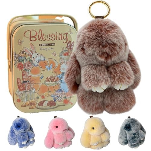 Bunny Keychain with Tin,Bunny Handmade Soft Pompom Charms,Fluffy Keychain Accessories for Womens - Image 1