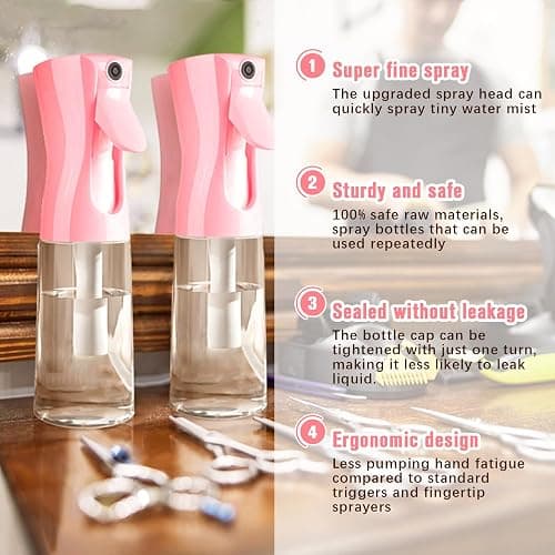 Fine Mist Spray Bottle for Hair, Skincare, Plant Care, Pet Grooming, Cleaning and Disinfection - Ultra-Fine Continuous, Refillable Container (1Pcs Light Pink 6.8oz) - Lightpink thumbnail 6