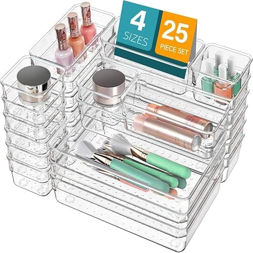 Poerlve Drawer Organizer, Makeup Organizer, Desk Drawer Organizer, Acrylic Storage Bins for Makeup, Skincare, Jewelry, Office Supplies Used in Vanity, Kitchen, Bedroom, Bathroom, Office - 25pcs - Image 1