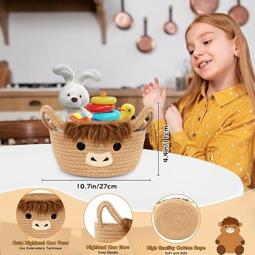 Hkojewp Highland Cute Cow Basket for Nursery, Small Shower Gift Basket, Round Woven Rope Cotton Storage, Baby Blanket 0rganizer with Ears Handles, Blanket Towel Decor Storage Bins, 10.7"D x 4.4"H in thumbnail 3