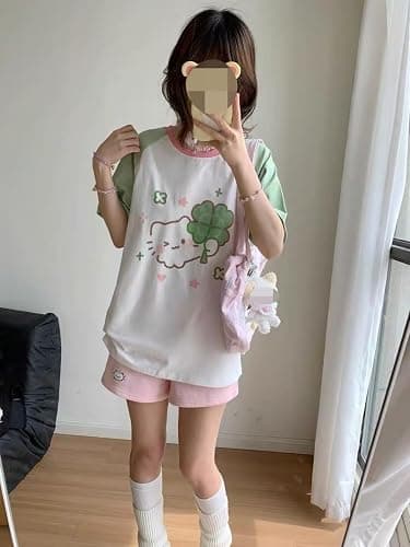 Pokn Y2k Kawaii Shirts for Women Cartoon Graphic Cute Cat Tees Off Shoulder Cutecore Shirts Harajuku Fashion Top thumbnail 3
