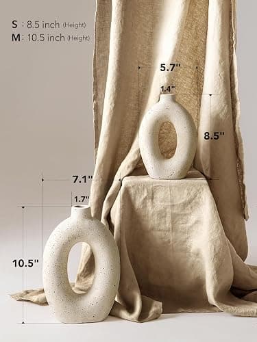 LE TAUCI Ceramic Vases Set of 2, Cream Hollow Donut Flower Vases, Nordic Boho Decor Decorative Centerpiece for Living Room, Table, Shelf, Mantel, Warm Ivory Speckled (H10.5”xW8.5”) thumbnail 2