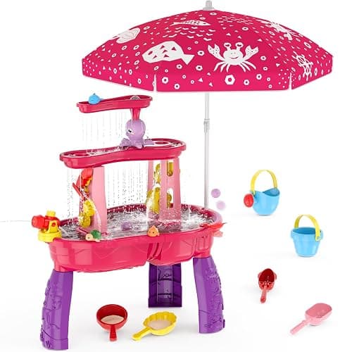 HYES Water Table for Toddlers 3-5, 3-Tier Kids Splash Sand Table Water Toys with Umbrella, Rain Showers Splash Pond for Outdoor Beach Backyard Summer, Activity Sensory Playset for Boys Girls, Red - Image 1