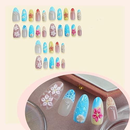 BABALAL Press on Nails Medium Almond Fake Nails Summer Beach Glue ons Blue Yellow 3d Texture Flower Sea Shell Design Handmade Supplies 24Pcs Full Cover Acrylic False Nails with Charm thumbnail 3