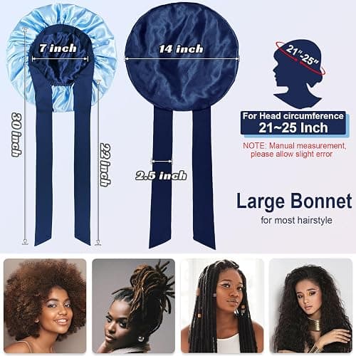 Double Layered Silk Satin Bonnet with Tie for Sleeping Black Women, Wide Band Large Hair Wrap Sleep Cap for Curly Hair Braid thumbnail 5