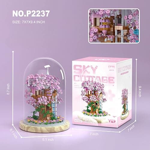 Insgen Cherry Blossom Bonsai Tree House Building Flowers Set for Adults, 1382 Pcs Micro-Particle Ideas Sakura Tree Building Blocks, Complete with String Lights, Dust Cover, and Wooden Base thumbnail 3