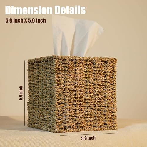 PINXIURY Seagrass Handwoven Wicker Tissue Box Cover, Natural Handmade Napkin Box Holder, Handcrafted Square Facial Tissue Holder for Bathroom, Rustic Decorative on Table and Bathroom,Boho Decorative thumbnail 3