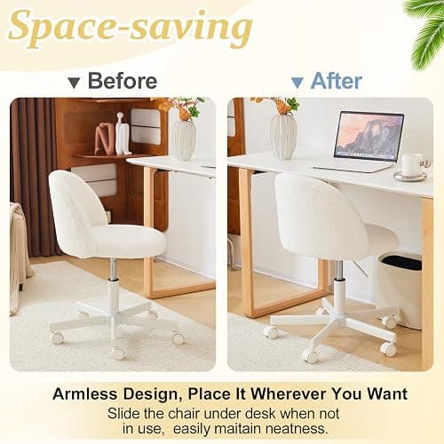 VINGLI Modern Vanity Chair with Back, Velvet Desk Chair for Girls, Small Office Chair with Silent Wheels， Stylish and Comfortable, White thumbnail 8