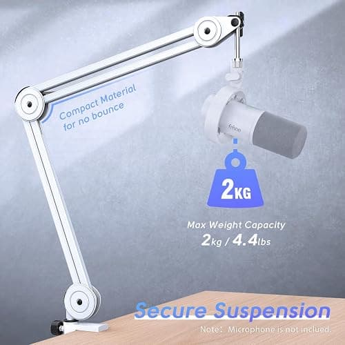 FIFINE Microphone Boom Arm Stand, Metal Heavy Duty Mic Stand, Scissor Suspension Adjustable Boom Arm for Podcast Recording Streaming Gaming, with Desk Clamp, 5/8" Screw, Cable Ties-BM63 White thumbnail 2