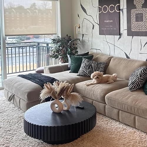 JUSTONE 31.5" Modern Farmhouse Black Round Coffee Table - Wood Drum Accent Table for Living Room,Handcrafted Relief Carving,ø31.5" x 13.8"H (Black) thumbnail 3