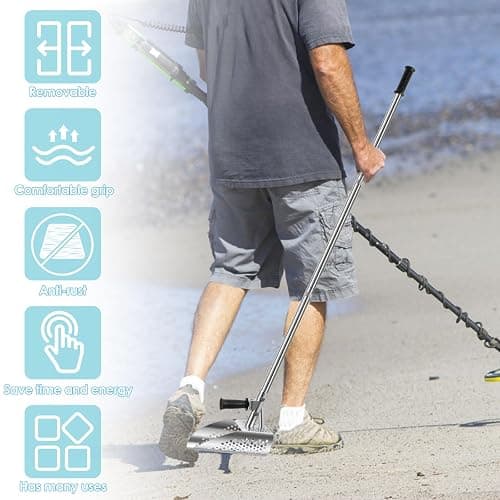 Metal Detecting Sand Scoop, Heavy Duty Metal Detecting Shovel with Removable Long Handle Stainless Steel Rustproof Beach Shovel Handheld Sand Scoop for Beach Underwater Treasure Hunting thumbnail 4