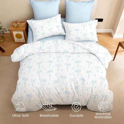 Bildenly Bow Queen Comforter Set Light Blue Bow 3 Pieces | Bedding Set, Soft & Lightweight Comforter(90‘’ x 90‘’) for Girl All Season & 2 Pillowcases(20‘’x30‘’) thumbnail 3
