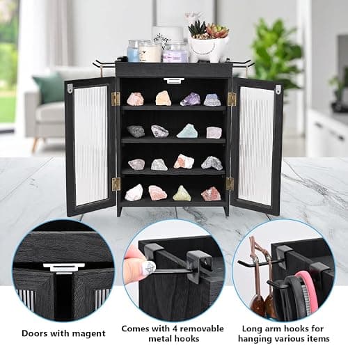 Ikee Design Wooden Countertop Storage Cabinet with Wavy Magnetic Door, Adjustable Shelves, Removable Hooks. Perfect for Perfume, Figurines, and Coffee Cups, Black Color, 10.4 W x 6.1 D x 14.4 H in thumbnail 4