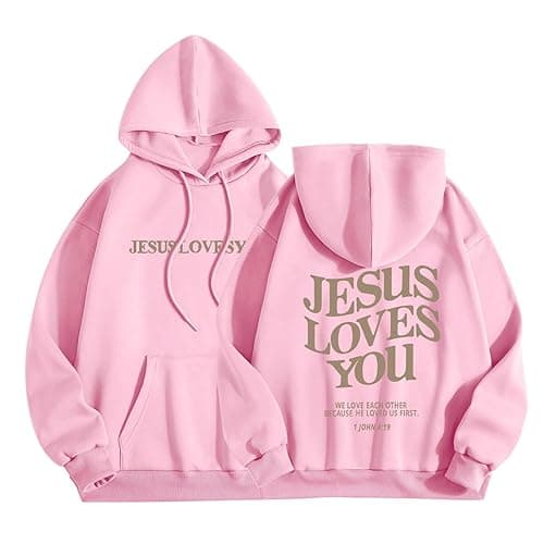 Jesus Loves You Hoodie Christian Hoodies for Women Jesus Pullover Tops Comfy Casual Streetwear Clothes with Pocket - B - Pink - X-Large
