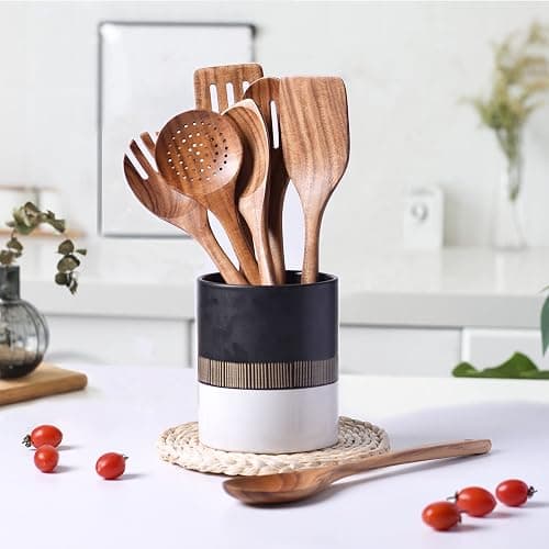 Gudamaye 13 inch Long Wooden Utensils for Cooking, Long Handle Wooden Spoons for Cooking, 7 PCES Crafting Wooden Spoon Set, Wooden Kitchen Utensil set, Natural Teak Wooden utensil Set thumbnail 2