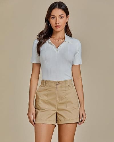 luvamia Shorts for Women High Waisted Dressy Casual Summer Elastic Waist Comfy Rolled Hem Stretch Twill Pocket Shorts thumbnail 2