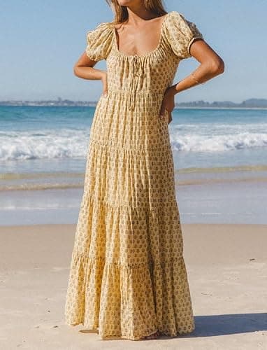 Woman Floral Puff Sleeve Maxi Dress Square Neck Ruffle Flowy Long Dresses Bohemian Tiered Summer Sundress thumbnail 2