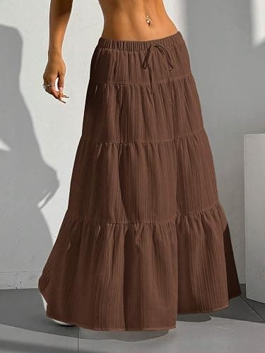 Xuani Maxi Skirt for Women Long Boho Flowy Ruffle Elastic High Waist | Flared, A Line, Decorative Front Tie, Tiered Layer Versatile, Lining, Casual Summer Beach Vacation Outfits, 2026 Spring Fall thumbnail 6