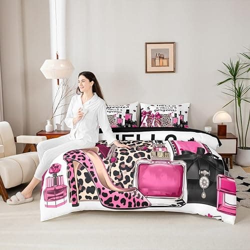 Erosebridal Black and Pink Leopard Print Comforter Set King Size | Fashion Modern Girly Bedding Set 7 Pieces Bow Perfume High Heels Bed Sets Trendy Stylish Girls Bed in A Bag with Flat Fitted Sheets thumbnail 6