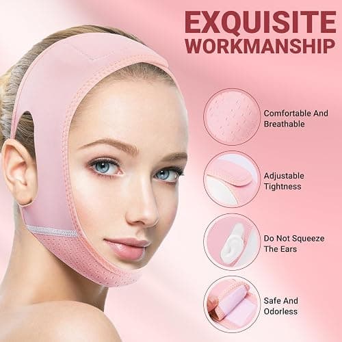 Juskaa Reusable V Line Lifting Mask with Chin Strap for Sleeping,Double Chin Reducer,Face Lift Prevent Sagging, Jaw Exerciser,Light Pink,M thumbnail 3