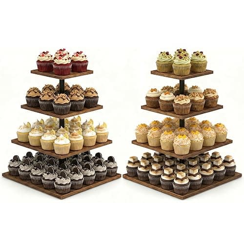 Wooden 2 Pack 4 Tier Cupcake Stand for 50 Cupcakes,Cupcake Holder,Cupcake Tower,Tiered Tray Stand for Birthday Bar Décor Weddings,Parties Events, Dark Brown - Image 1