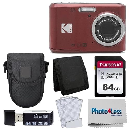 Kodak PIXPRO FZ45 Digital Camera + Black Point & Shoot Camera Case + Transcend 64GB SD Memory Card + Tri-fold Memory Card Wallet + Hi-Speed SD USB Card Reader + More! (Red) - Image 1