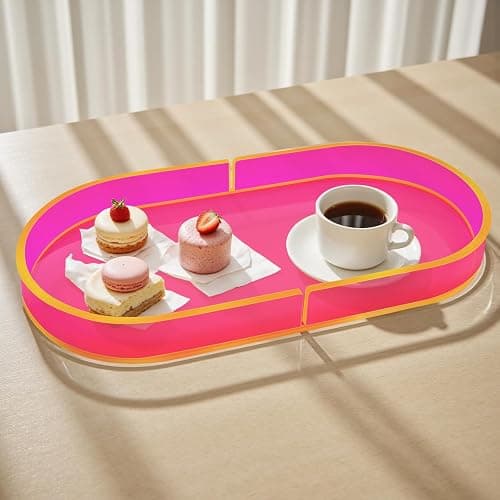 Acrylic Decorative Vanity Tray Perfume Jewelry Trinket Tray for Bathroom Counter Soap Toilet Tank Sink Small Candle Catch All Organizer, 12.6x6.3 Inches, Neon Pink thumbnail 5