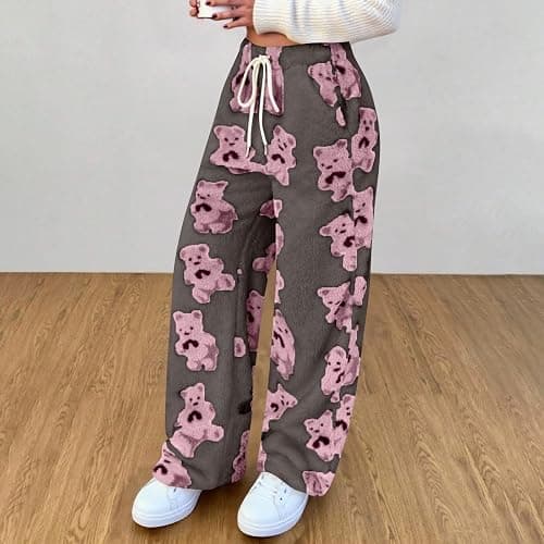 Womens Fuzzy Plush Pajama Pants Cute Bear Graphic Teddy Pj Bottoms Warm Fluffy Fleece Lounge Sleepwear with Pockets thumbnail 2