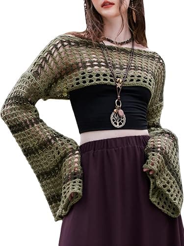 WDIRARA Women's Crochet Crop Tops Hollow Out Knit Shrugs | Y2k Long Bell Sleeve Crop Sweater - Image 1