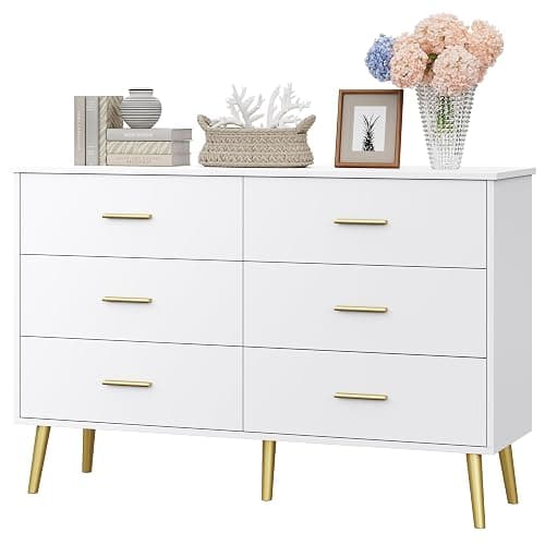 White Dresser for Bedroom, Dressers & Chests of Drawers for Clothes Storage, Wood Dresser for Closet with 6 Drawers, Wide Long Clothes Organizer with LED Light for Hallway, Entryway, Metal Handles thumbnail 7