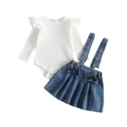 XIXIMAON Summer Fall Baby Girl Clothes Ribbed Romper Denim Skirt Set 2pcs | Infant Baby Girl Autumn Winter Outfits Solid Color Ruffle Long Sleeve Ribbed Knit Romper Bow Front Denim Overall Dress Set - Image 1