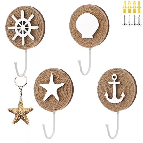 AceOrbit 4 Pcs Home Beach-Themed Towel Hooks Wall Hooks Beach Towel Hook Decorative Wall Hanging for Clothes Towels Hats Bag(Nautical) thumbnail 8