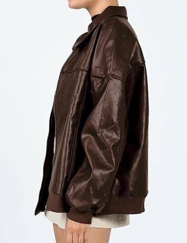 EsheSy Women's Oversized Leather Jacket Faux Suede Boyfriend Motorcycle Full Zip Bomber Jacket thumbnail 7