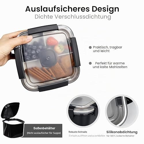Greentainer Lunchbox Auslaufsichere Bento Box mit 1 Gabel, Salatbehälter mit Dressingbehälter, 3 Fächer Salatbox-to-go für Schule,Arbeit,Picknick, Reisen,Camping (Schwarz, 1500 ML) thumbnail 7