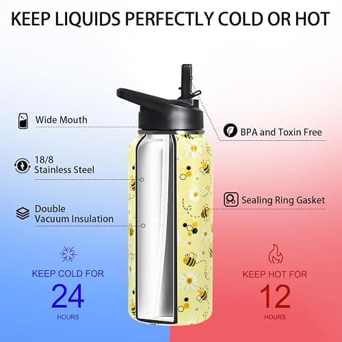 TWBDMKC 32oz Bee Insulated Aater Water Bottle with Straw, Bee Gym Hiking Sports Coffee Mug Cup Water Bottles,Bee Gifts for Women,Bee Decor Stuff Accessories thumbnail 5