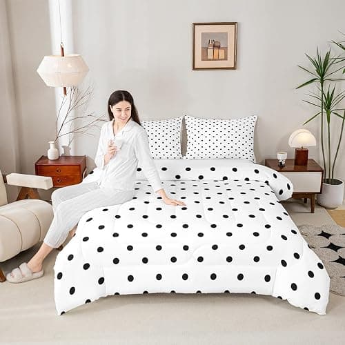 jejeloiu Polka Dots Bedding Set for Boys Girls, Black Geometric Circles Comforter Set Queen Size Simple Modern Duvet Quilt Microfiber Cartoon French Style Bedroom Decor 3 Pcs with 2 Pillow Cases thumbnail 5