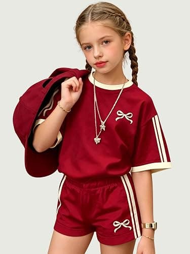 KIDLAGA Girls Shorts Sets 2 Pieces Outfits Bow/Cherry T-Shirt & Plaid Shorts Girls Summer Short Set 6-14Y thumbnail 3