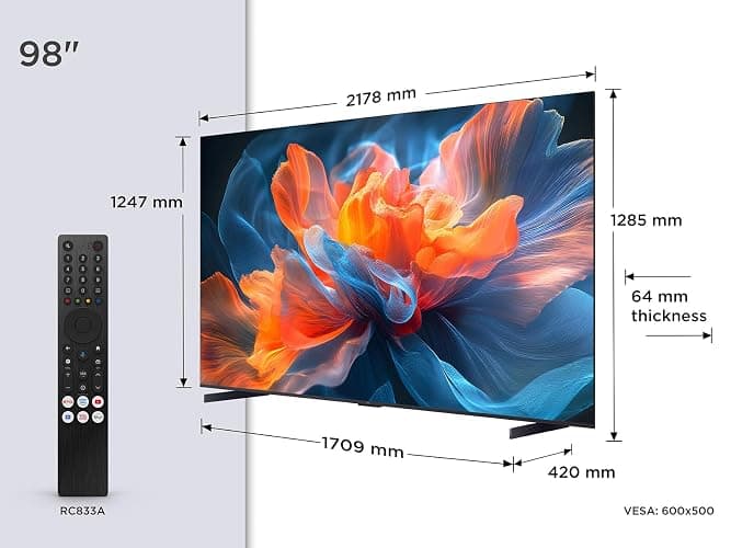 TCL 98T8C 98 Zoll QLED 4K HDR Ultra HD Fernseher, Smart TV mithilfe von Google TV (Dolby Vision Atmos, 144Hz Motion Clarity Pro, Game Bar, ALLM, FreeSync, Onkyo 2.1 Sound,Sprachsteuerung) thumbnail 2